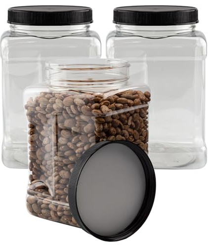 Cornucopia Brands 48oz Square Plastic Jars (3-Pack); Clear Rectangular 6-Cup Canisters w/Black Lids, Easy-Grip Side
