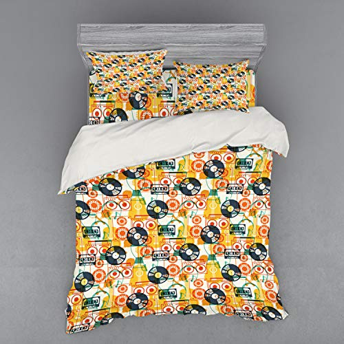 Ambesonne Music Duvet Cover Set, Pattern with Musical Instruments in Flat Design Style Cassette Radio Vinyl Nostalgic, 4 Piece Bedding Set with Shams and Fitted Sheet, Queen Size, Multicolor