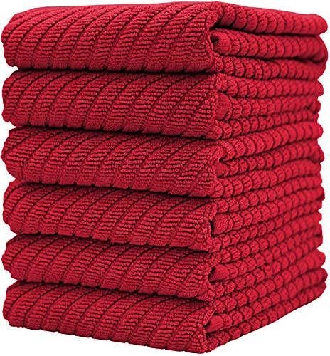 Premium Kitchen Towels (16”x 25”, 6 Pack) | Large Cotton Kitchen Hand Towels | Dish Towels | Diagonal Weave Design | 445 GSM Highly Absorbent Tea Towels Set with Hanging Loop | Red
