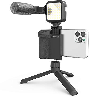 DigiPower Vlogging Set Follow me mit LED-Videoleuchte + Mikrofon + Kameragriff mit Handy Halterung + Mini-Stativ, kompatibel mit Smartphones, für TikTok, YouTube, Live-Streaming und Meetings