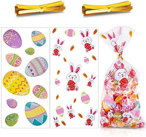 100 Stück Ostern Cellophantüten Plätzchentüten Transparent Candy bar Tüten Geschenktütchen mit 100er Twist Krawatten für Bonbon Plätzchen Süßigkeiten, Rettich und Kaninchen