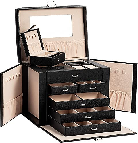 AdelDream Schmuckkasten Schmuckkoffer groß abschließbar 5 Ebenen mit 5 Schubladen mit Spiegel für Ringe Ohrringe Halsketten und Armbänder elegant und klassisch Schwarz