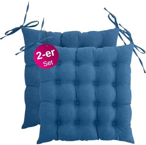 wometo 2er Set Sitzkissen 40x40 Oeko-TEX mit Bändern/Schleifen türkis | gesteppte Sitzpolster / Stuhlkissen mit Steppung für Indoor und Outdoor, drinnen und draußen nutzbar, im Doppelpack