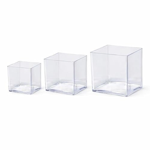 Floralcraft® Acrylic Cube Vase Set of 3 – Clear Square Flower Vases (10cm, 12.5cm & 15cm) – Shatterproof Glass Alternative for Wedding Table Centrepieces, Floristry & Events