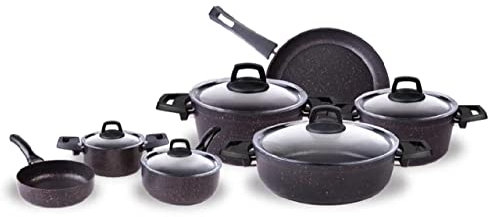 Karaca 12-Piece BlackGold Granite Pots and Pans Set - Biogranite Non-Stick Cookware Set, 4 Pots with 4 Glass Lids & 1 Granite Frying Pan & 1 Saucepan with Lid, PFOA Free, Dishwasher-Safe