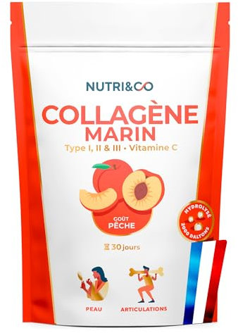 NUTRI & CO Collagene Marin Poudre Types 1, 2, 3 + Vitamine C, Breveté Naticol® & Cartydiss®, Peau Hydratée Soutien Articulaire, Peptides Hydrolysés 2000 DA, 180g Goût Pêche 30jrs, Fabriqué en France