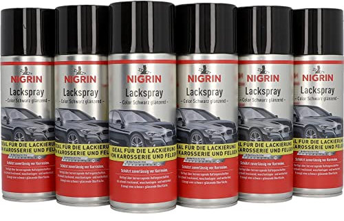 NIGRIN Lackspray, 6 x 400 ml, schwarz glänzender Autolack, schützt Felgen und Karosserie vor Rost, schnell trocknend