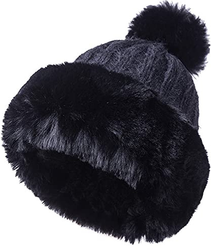 JFAN Warm Mütze Bommelmütze Damen Pudelmütze Winter Ski Mehrfarbig Mode Flauschige GEH?keltes Fell Strickmütze Schwarz One Size