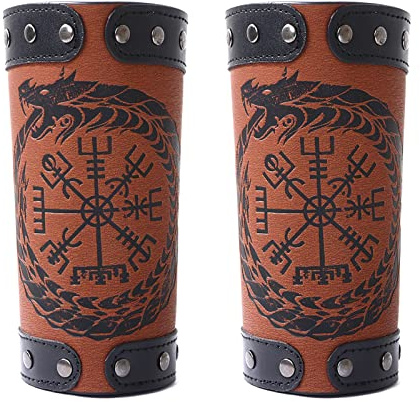 Thajaling Handgefertigte Vollnarbenleder-Armschienen, geprägte Armschützer, Wikinger Runenkompass Armschienen, Mittelalter Armschiene Lederhandschuh-Armband, Leder Armschiene Armmanschette Rüstung