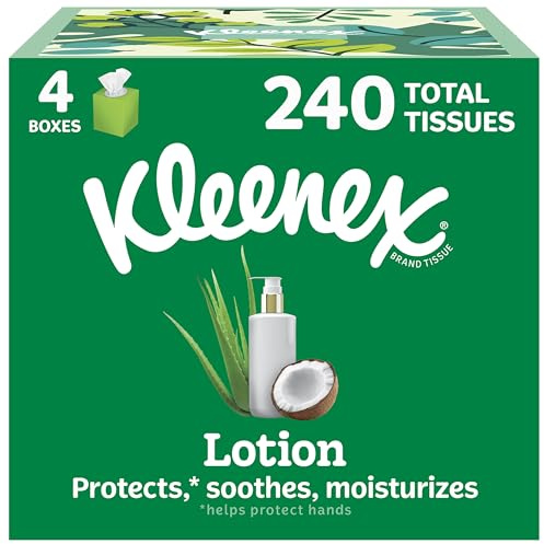 Kleenex Soothing Lotion Facial Tissues with Coconut Oil, Aloe & Vitamin E, 3-Ply, 4 Cube Boxes, 60 Tissues per Box (240 Tissues Total) - Package May Vary