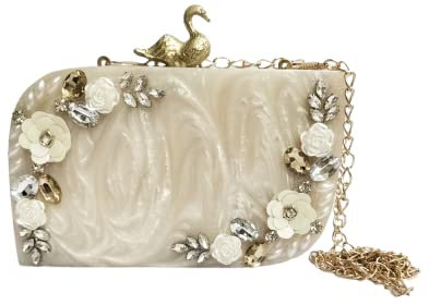 Beige Farbe Perlmutt Mop Geldbörse Acryl Clutch Abend Handtaschen Crossbody Taschen für Frauen mit Blumenmuster Brauttasche mit Schwanenhaken und eingebetteter Steinarbeit, beige, Medium
