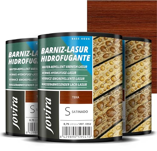 JOVIRA PINTURAS Impregnante legno (3x750 ml Teak) Lasur idrorepellente protettivo satinato all'acqua protegge, decora e impreziosisce tutti i tipi di legno. (3x750 Millilitri, Teak) A-33-3