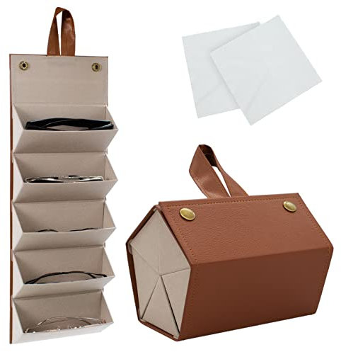 CIOUYAOS Brillenhalter mit 2 Brillenputztüchern, 5 Slot Sonnenbrillen Aufbewahrung, Faltbare Brillenetui Brillenbox Wand Brillenständer Sunglasses Case für Damen, Männer, Kinder (Kaffee)