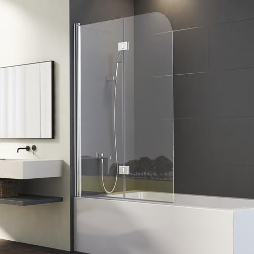 Duschwand für Badewanne 110x140cm 2-teilig Faltbar Duschtrennwand, Zweiteilige Falttür Wannenfaltwand Duschabtrennung mit 6mm Nano EGS Sicherheitsglas, Badewannenwand Faltwand Glastrennwand Silber