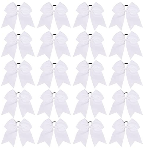 20 PCS 8 Inch Cheer Hair Bows Large Cheerleading Big Hair Bows with Ponytail Holder Hand-made Grosgrain Ribbon Hair Accessories for Teen Girls (White)
