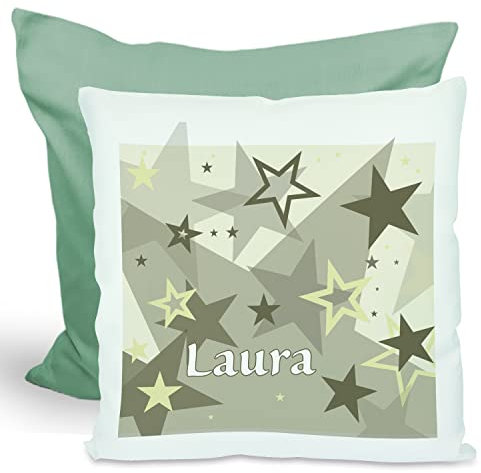 CreaDesign, Kinder Kissen 40x40 cm personalisiert mit Namen, Kinderzimmer Deko Kissen Kinder mit Füllung Federn, Motiv Sterne grau beige, Rückenfarbe Grün