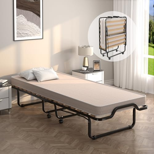 COSTWAY Klappbett für Einzelbett, Erwachsene, 90 x 200 cm, mit orthopädischer Matratze aus Memory-Schaum 10 cm, Traglast 120 kg, klappbares Gästebett mit 4 Rollen und Lattenrost mit 15 Holzlatten,