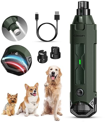 Gimars hund nagelkvarn 45 db justerbar 6 hastigheter 12000rpm hund nagelkvarn Dubbel LED-ljus husdjur nagelkvarn USB uppladdningsbar 3 portar nagelfil för hund