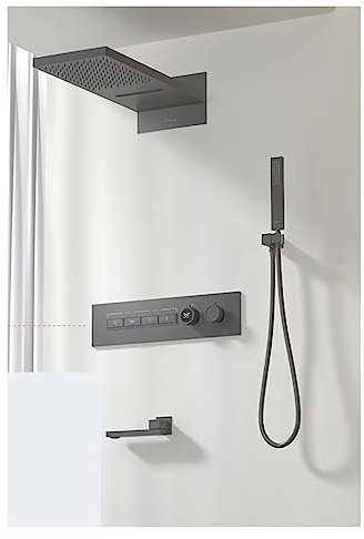 2024 New Luxury Black Brass Shower System,Wall-Mounted LED Digital Display Design,Cold & Hot Dual-Control 4-Function Ceiling Shower Tap LED Shower Panel(Color:4S Brushed Grey-01)