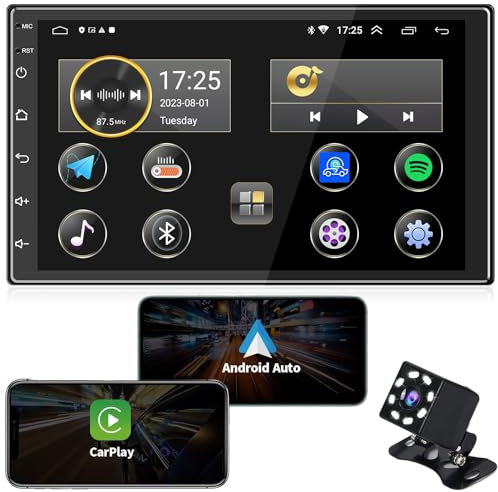ANKEWAY Nuovo 7 Pollici [2G+32G] Android Autoradio 2 DIN con CarPlay+Android Auto+WiFi+Bluetooth+RDS/FM+GPS Nav+Backup Cam+Doppia USB+Mic, 1080P HD Touch Screen Sistema Multimediale per Auto
