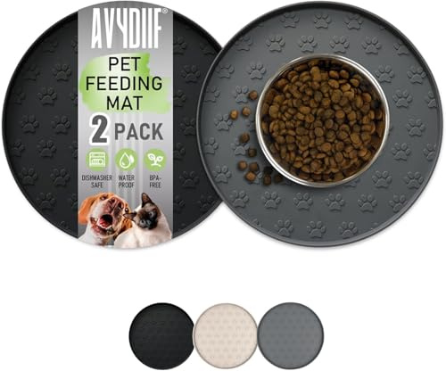 AVYDIIF 2 stück Napfunterlage für Hund Katzen[28cm x 28cm], hundenapf unterlage fressnapf Hund Futtermatten aus Silikon wasserdichte rutschfeste Fressnapf mit Rand (Schwarz+Grau, 28cm x 28cm)