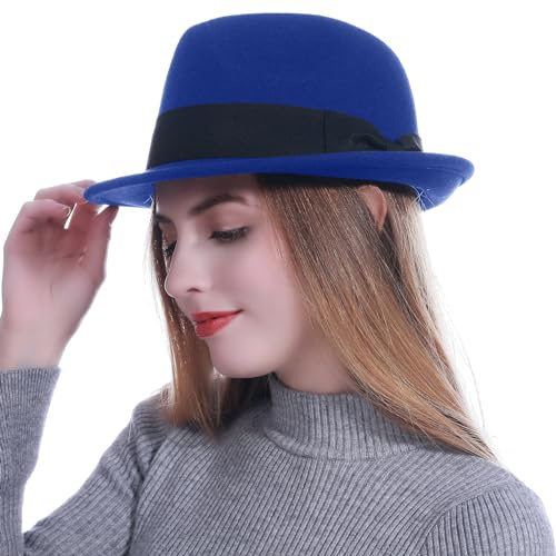 HEYANN Fedora Hut für Herren Damen Wollfilz Herrenhut Mode Filz Hüte Jazz Cap Kurzer Krempe Trilby Hut mit Eleganter Panama Hut Damen Gentlemans (M/L, Dark Treasure Blau)