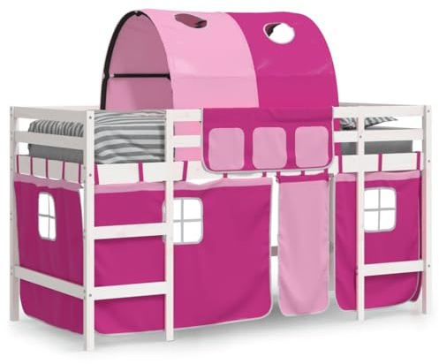 vidaXL Kinderhochbett, Hochbett mit Tunnel Vorhängen, Spielbett Bett für Kinder ab 6 Jahren, Kinderbett Etagenbett Stockbett, Rosa 90x200cm Massivholz Kiefer