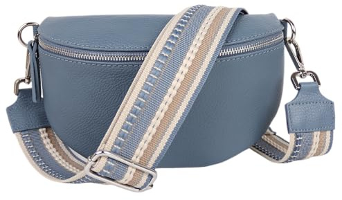 MIRROSI® Bauchtasche Damen, Echtleder, Made in Italy, Umhängetasche, Brusttasche, Crossbody Bag (1 Tasche & 2 Gurte) (Jeansblau (Streifen Jeansblau), Große Tasche (28x18x9cm))