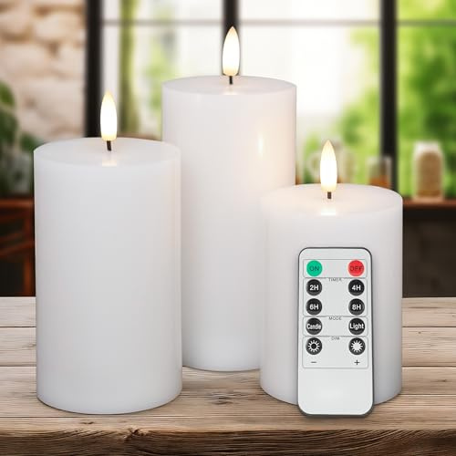 AFINETH White Flameless Pillar Candles, Battery Operated Wax Candles with Remote, Flat Top Flickering Flameless Candles, LED Candle for Home, Wedding, Party Decor, Set of 3, Φ 3 H 4 5 6