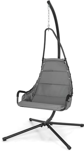 RELAX4LIFE Hanging Chair with Stand, Garden Patio Swing Chair with 32 Extra-Large Cushioned Seat & Heavy-Duty Metal Frame, Indoor Outdoor Hammock Chair for Backyard, Balcony, Living Room (Grey)
