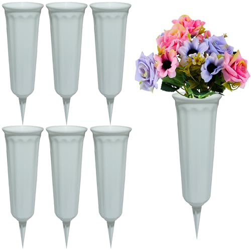 Memorial Floral Vases, Cemetery Vase, Headstones Flower Holder, Grave Cone Vase, Flower Pots for Outdoor Plants, Decorative Plastic Containers (Set of 6, White)