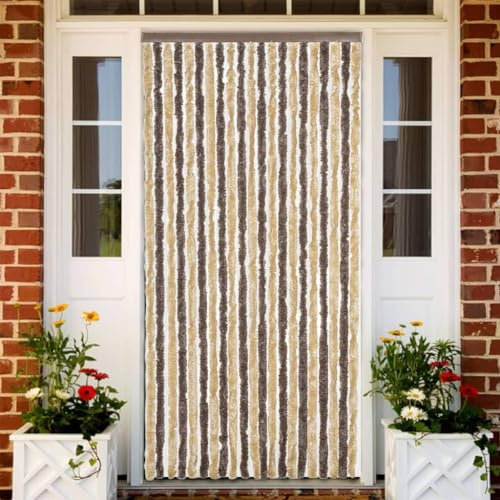 qohoio Fly Curtain Dark Brown and Beige 90x220 cm Chenille,Curtains Door Fly Screen Curtain For Doorways Window Decorations Room Divider
