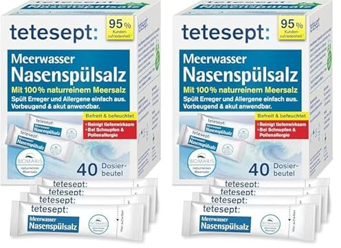 tetesept Meerwasser Nasenspülsalz bei Schnupfen und Pollenallergie – Nasenspülung auch für Kinder reinigt und befeuchtet – Geeignet zur Nasendusche – 40 Beutel (Packung mit 2)