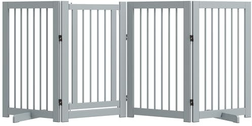 PawHut Absperrgitter Hund Freistehendes Schutzgitter mit Füßen 220 x 91 cm Holz Hundegitter Treppenschutzgitter Türschutzgitter Treppengitter für Treppen, Türen, Küche, Flur, 4 Paneelen, Hellgrau