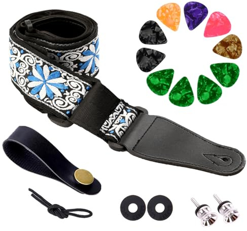 Plektren Plektrum, Gitarrengurt, Gitarren Plektren Baumwollgitarrengurte Vintage bestickt Gitarrengurte mit echtem Leder Enden Gurtschlössern Gitarrenplektren für Bass, Akustik, E-Gitarre (Set D)