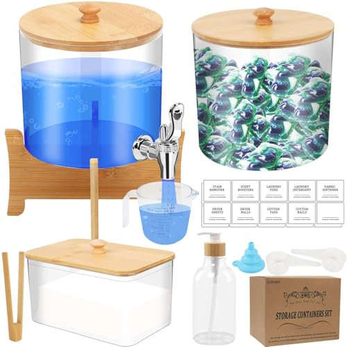 7L Laundry Detergent Storage Set, 10PCS Washing Pods Storage Container Fabric Softener Dispenser with Labels and Bamboo Lids&measuring Cup, Large Capacity Laundry Pods Storage Container with Stand