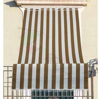 Tata Home Tenda da Sole a Righe per Balcone Veranda e Terrazzo con Anelli e Ganci Tessuto Resistente da Esterno Lavabile Misura 140x300 cm Colore Marrone