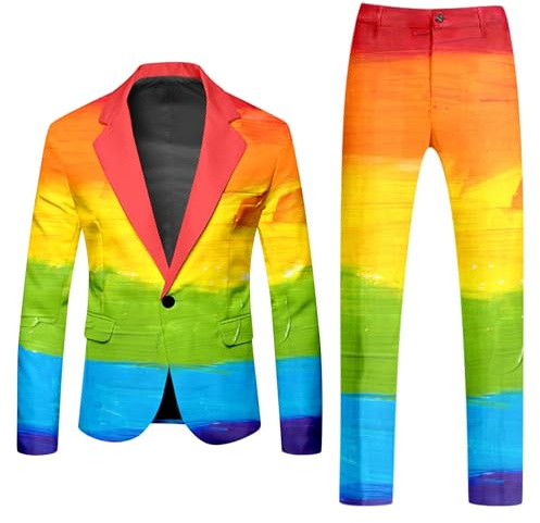 Cexiakong Pride Outfit Herren Regenbogen Anzug 2 Teilig Sportlich Sakko Hose Konfetti Anzug Herren 80er 90er Jahre Neon Party Outfit Bunte Karneval Mottoparty Slim Fit Hippie Kleidung