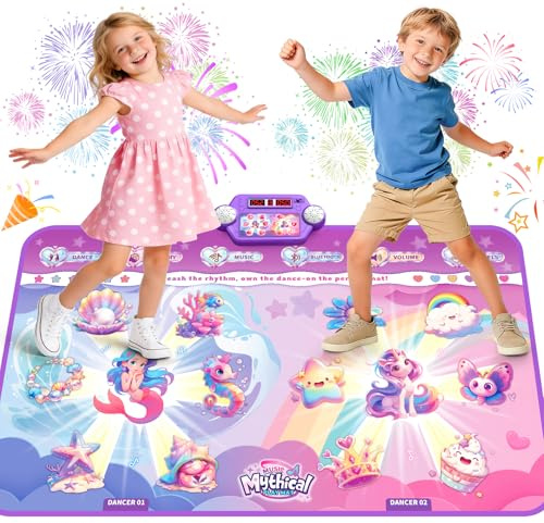 MUZREES 2025 Rosa Mermaid&Niedlich Unicorn Dance Pad mit 2 Spielern für Kinder, leuchtende Tanzmatte