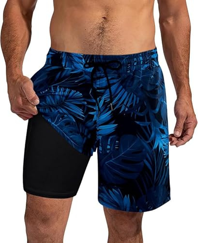 XiaoMoSha Badshorts för män badbyxor med kompressionsfoder, snabbtorkande, 2-i-1 brädshorts för strandsurfing, S-2XL, Blad blå, L