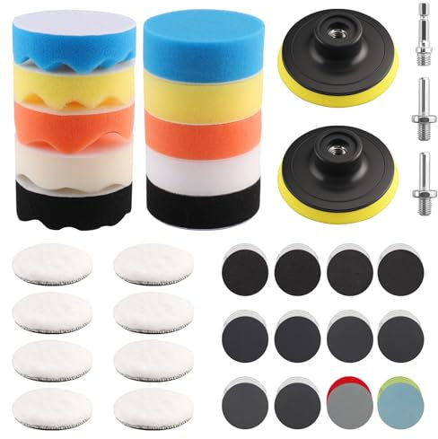 Foydream 83 Pezzi Kit Lucidatura Auto, 80mm Tamponi per Lucidatura Auto, Spugne di Tampone di Lucidatura Auto con 75mm Dischi Abrasivi e M10 Adattatore Trapano per Auto, Lucidatrice e Ceretta