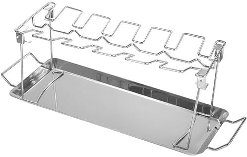 Premium Stahl Rippen Ständer für Backofen Grills oder Smoker inkl. Ölwanne und Doppelgriff Koch Rostfreie Rippen Kochständer