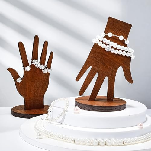 Ltstor 2 supporti per gioielli a mano in legno massiccio, multifunzionale, con base solida, design bidirezionale per più gioielli