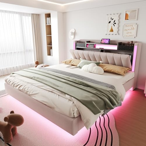 Gegtuon Bett 160x200 mit LED-Kopfteil, USB-Doppelbett Betten Polsterbett mit Stauraum Regal, Jugendbett Stauraumbett Gästebett Bettgestell mit Lattenrost für Schlafzimmer, ohne Matratze, Leinen, Beige