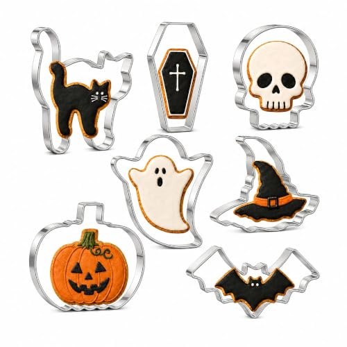 Halloween Cookie Cutter Set - 7 Pieces Stainless Steel Biscuit Cutters | For Baking Include Pumpkin, Bat, Ghost, Cat, Witch Hat, Skull and Coffin Shape