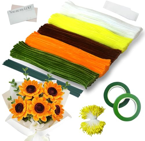 Ezitruz 500 Stk Pfeifenreiniger Blumen Set-5 Farben Blumen Pfeifenputzer | Pipe Cleaner, Gelb/Grün/Weiß, mit Schleifenband, Klebeband, Staubblätter, Blumendraht, Blumenpapier, für DIY Blumenbasteln