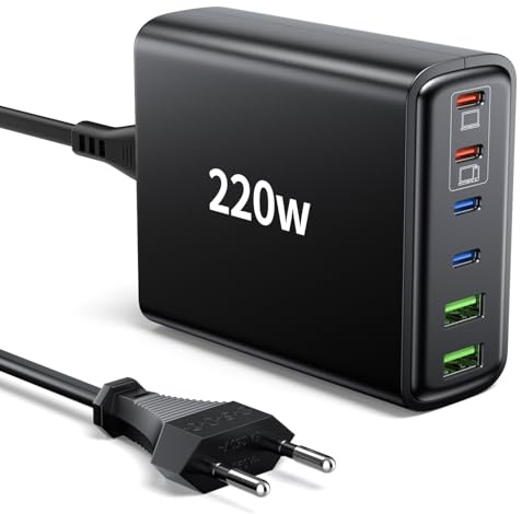 Ombrex 220W USB C Schnellladegerät, 6-Port USB C Ladegerät, PD Charger + QC Netzteil für MacBook Pro/Air, Laptop, iPad Pro, iPhone 17/16 Series, Galaxy, Pixel (4 C-Port + 2 A-Port) Schwarz