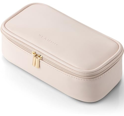 Vlando resa sminkväska liten, makeupväska damer, bärbar kosmetisk väska arrangör, multifunktionell sminkväska för kvinnor av vattentätt läder, cremerosa, modern
