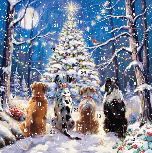 Ling Design Adventskalender mit Weihnachtszählung, 24 Türen, groß, quadratisch (24,1 x 24,1 cm), Geschenkkarte mit Umschlag von Ling Design (Dogs Guarding Festive Tree)