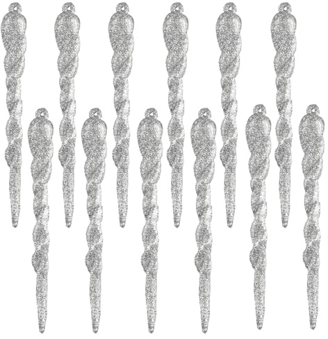 Wellrun 12PCS Xmas Silver Icicle Ornaments,13CM Christmas Tree Decorations,Tinsel Hanging Icicles for Holiday Party,Winter Wonderland Theme Décor